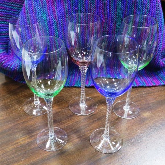 Hand Blown Crystal Glasses with Twisted Stem - Set of 5 -- Gorgeous! - Picture 1 of 7